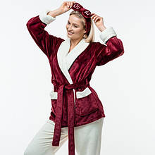 Жіноча плюшева піжама з довгим рукавом. Жакет + штани. Колір: бордо і молочний