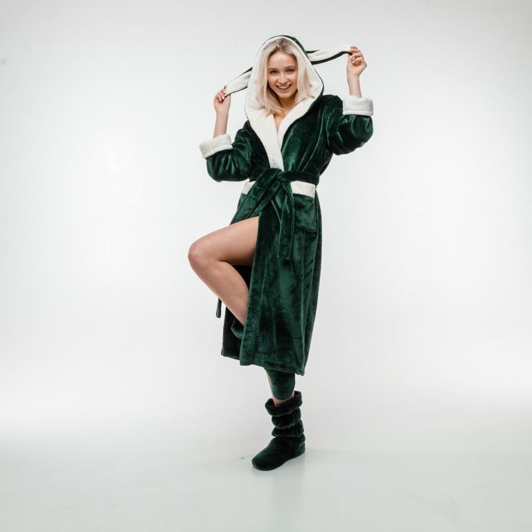Жіночий теплий махровий халат з капюшоном+ махрові чобітки. Колір смарагд + молочний