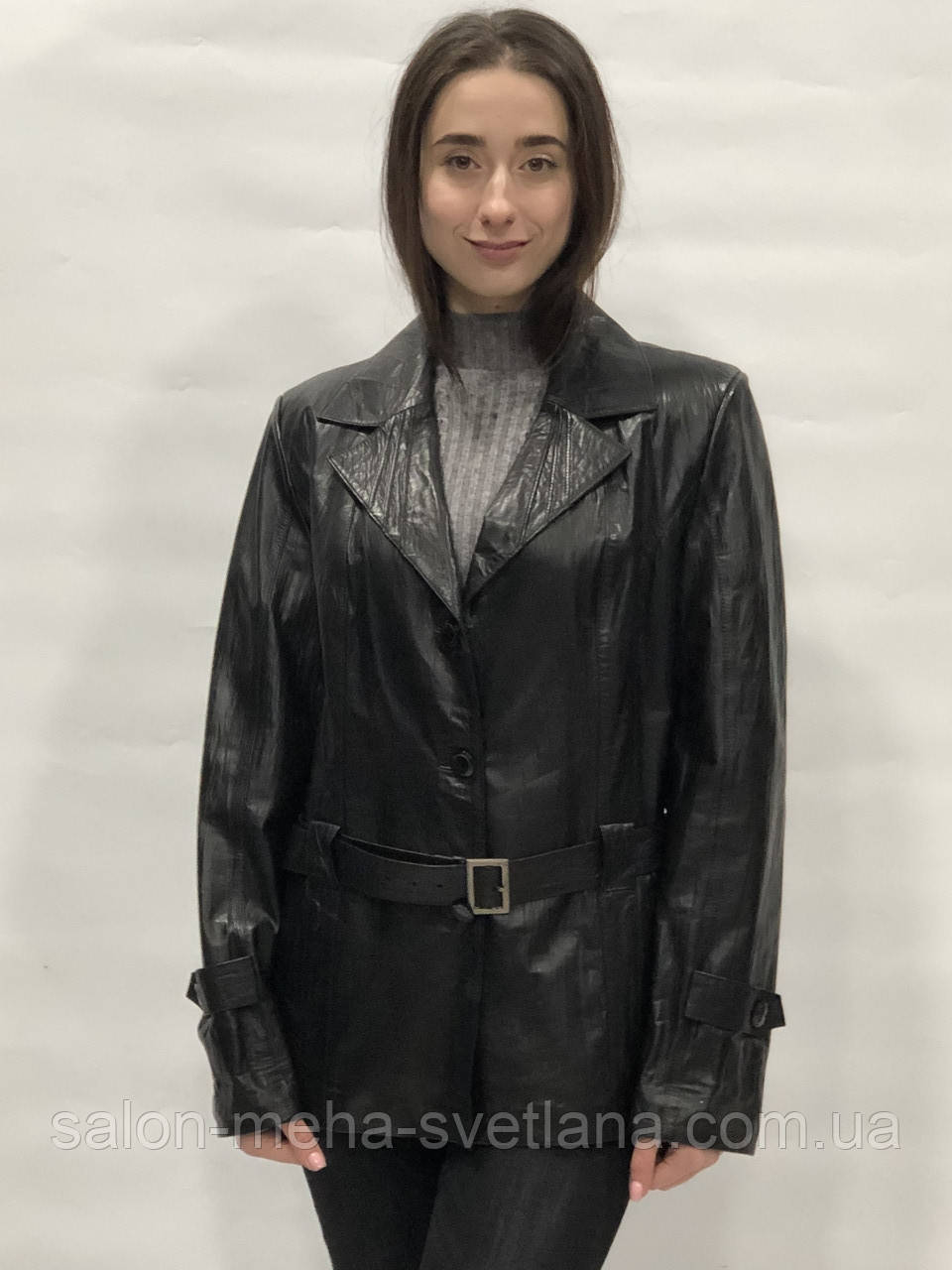 Пиджак Из Натуральной Кожи Под Пояс на Пуговицах Цвет-чёрный Длина-70см ...