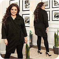 Замшевий жіночий стильний асиметричний кардиган великих розмірів на запах р.52-56. Арт-2065/42 чорний