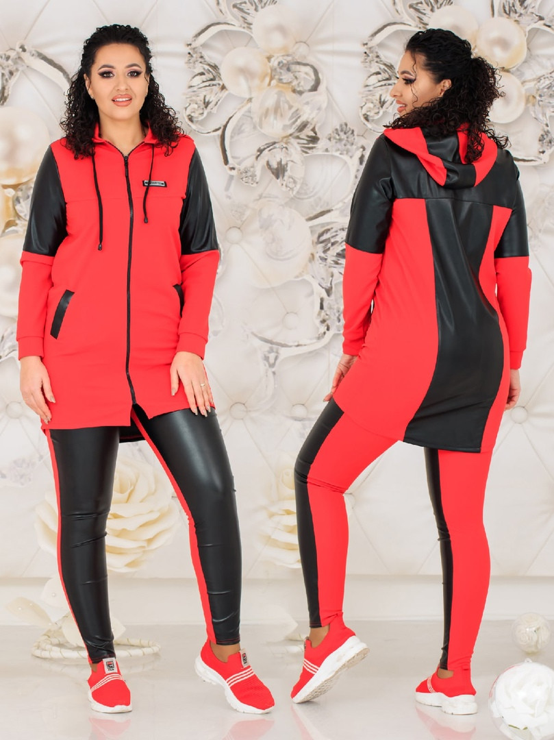 Стильний жіночий прогулянковий костюм батал у спортивному стилі зі шкіряними вставками (р.48-62). Арт-2069/42, фото 1