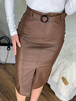 Женская стильная комфортная юбка миди из качественной эко-кожи цвета шоколад