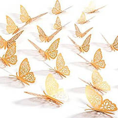 Метелики 3D паперові для декору 12 шт золото