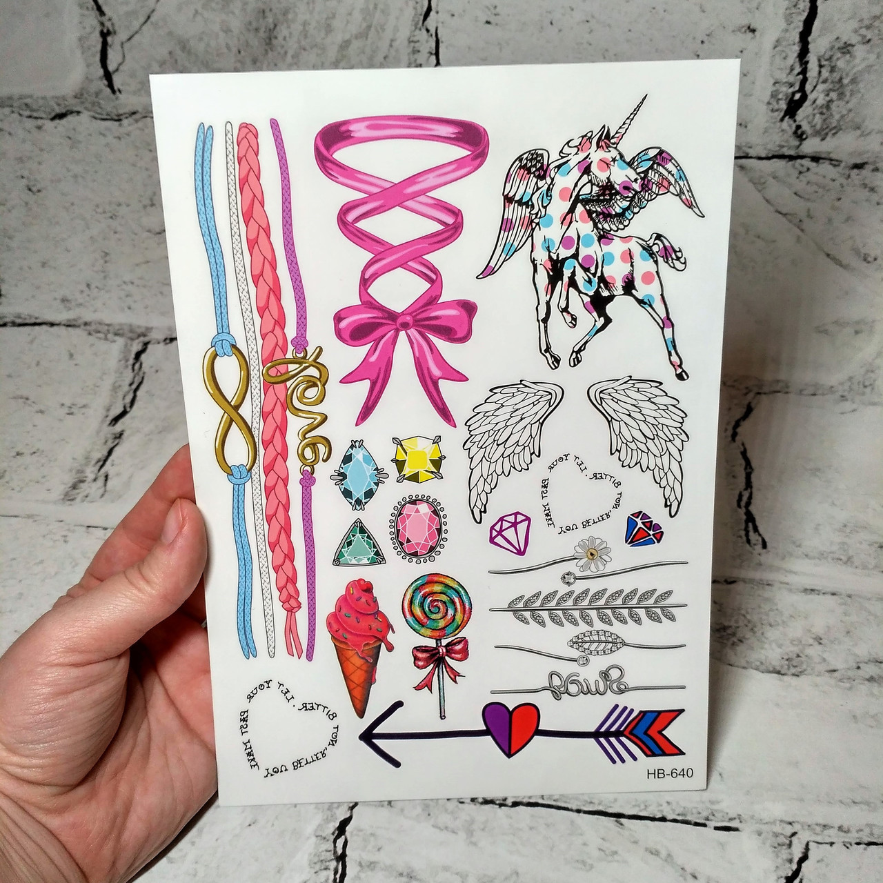 Флеш тату тимчасові татуювання на тіло Єдиноріг 21х15 см аркуш Кольорові (HB-640)