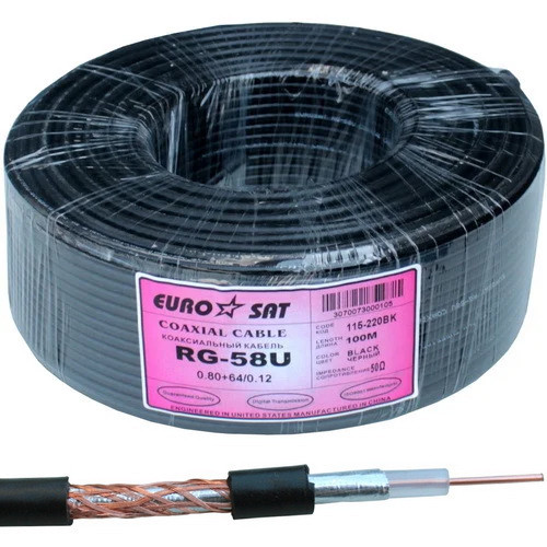 Кабель RG-58 мідь (0.8 U+2.9 PE+Al foil+64х0,12CU) діаметр 5мм, чорний, 100м, 115-220BK