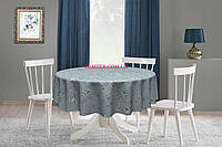 Скатерть круглая хлопок тефлоновая водоотталкивающая гидрофобная пропитка птички цветы на ментоловом фоне