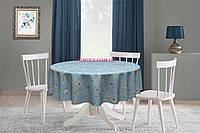 Скатерть круглая хлопок тефлоновая водоотталкивающая гидрофобная пропитка птички цветы на синем фоне