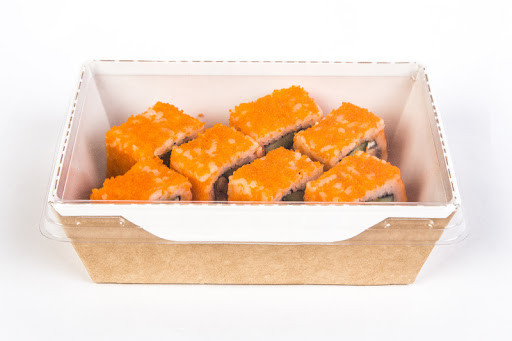 Контейнер паперовий крафт усередині білий 145х95х45 мм. 400мл. із плоскою PET кришкою (450/75), фото 1