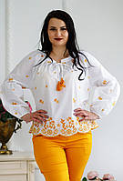 Стильна жіноча біла блузка батистова бохо XL розшита жовтими квітами №761