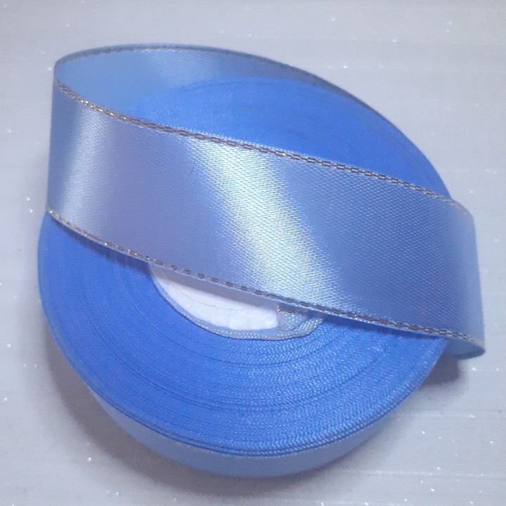 Стрічка атласна блакитна з люрексом золото 25 мм