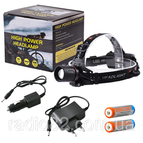 Налобний ліхтар Police 2177-1-T6, ЗУ 220V/12V, 2х18650, signal light, zoom