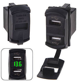 Автомобільний зарядний пристрій 2 USB 12-24V врізне + вольтметр (10257 USB-12-24V 2,1 A GRE)