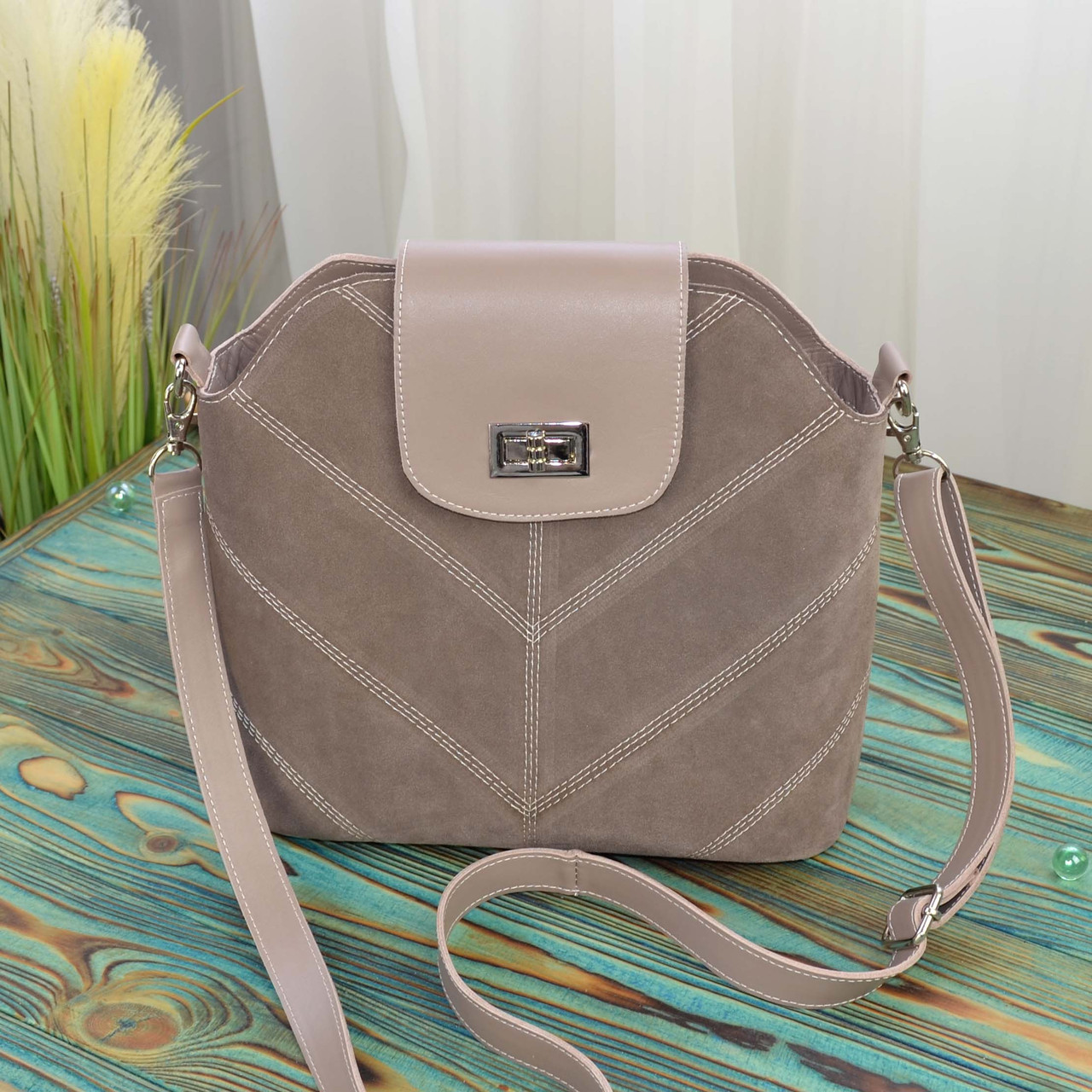 Сумка жіноча комбінована ТМ "Vasha Para". Колір візон. Натуральна шкіра і замша, фото 1