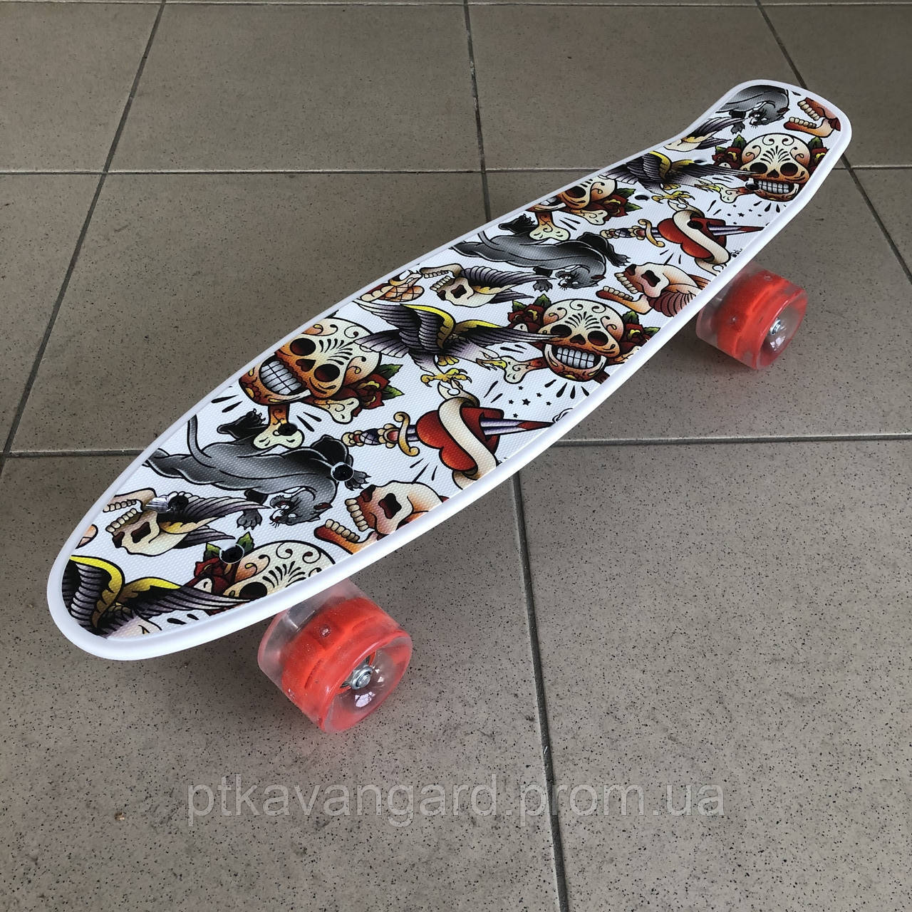 Пенні Борд з Черепами Білий Скейт зі світящими колесами Best Board Р 14209, фото 1