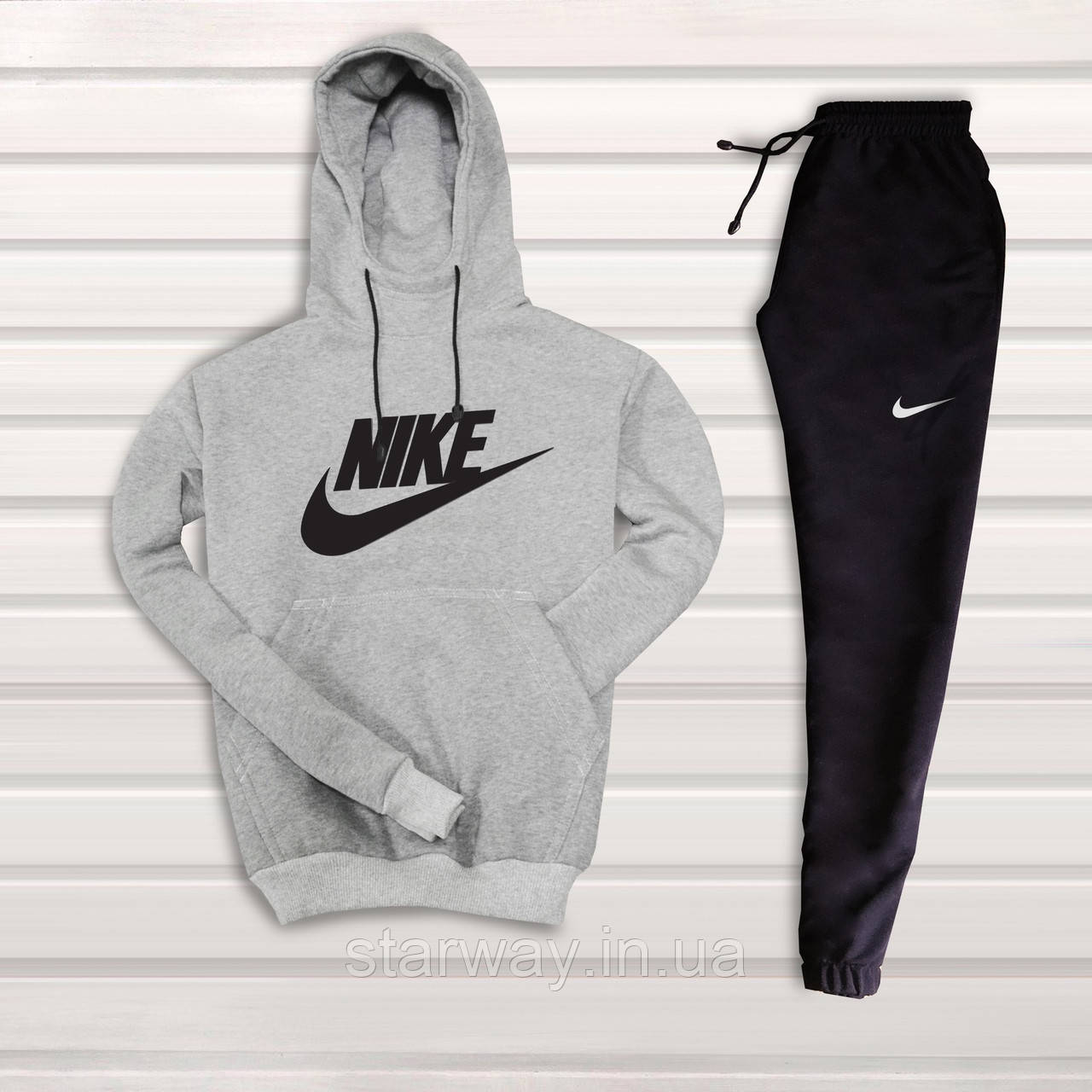 Спортивний трикотажний костюм найк з капюшоном | nike logo сірий верх чорний низ