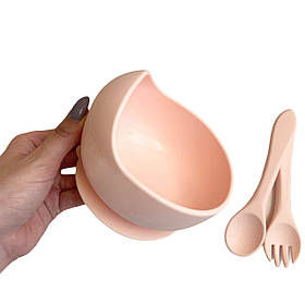 Силіконова дитяча тарілка на присосці , ложка і виделка (baby PINK) силіконові