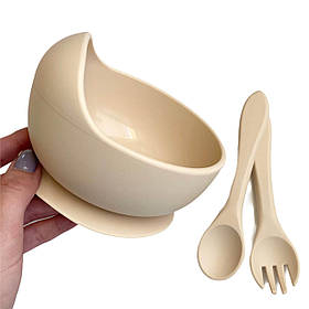 Силіконова дитяча тарілка на присосці, ложка і виделка (бежевий) силіконові посуд
