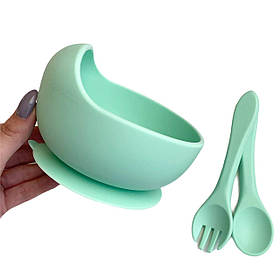 Силіконова дитяча тарілка на присосці , ложка і виделка (м'ята) силіконові