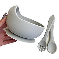 Силиконовая детская тарелка на присоске, ложка и вилка (светло-серый) силиконовая посуда