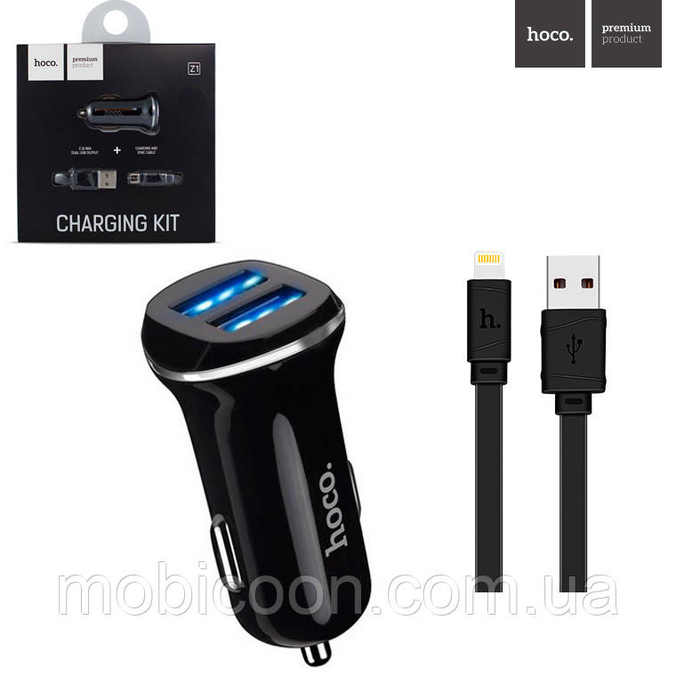 Автомобільний зарядний пристрій HOCO Z1 2 USB 2.1 A + кабель Lightning black