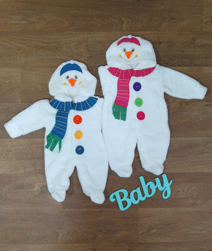 Человечек детский махровый с капюшоном , белый комбинезон теплый для новорожденного снеговик