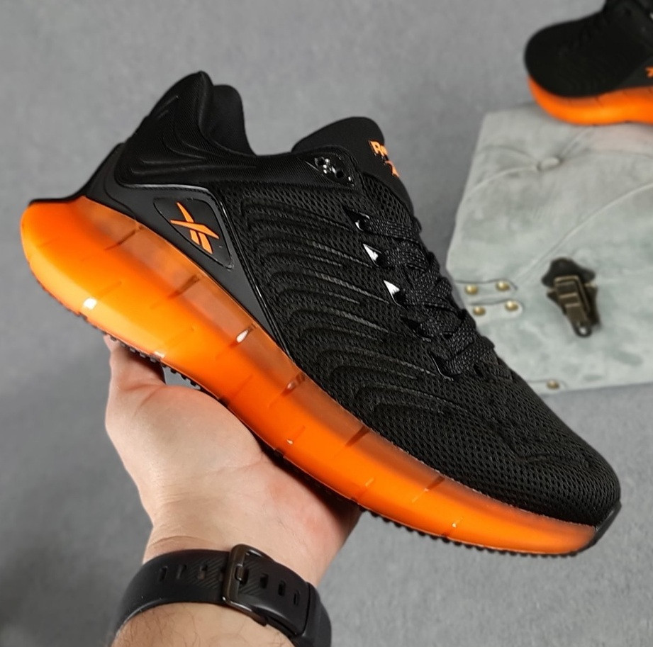 Чоловічі кросівки Reebok Zig Kinetica весняні весна літо в сітку чорні з оранжевим.  Живе фото. топ, фото 1