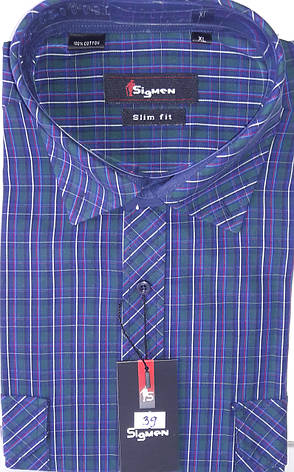 Сорочка чоловіча Sig Men vd-0039 синьо-фіолетова в клітку приталені бавовна з довгим рукавом, фото 1