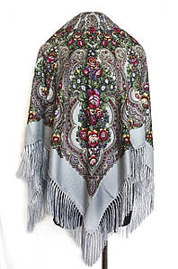 Хустка жіноча українська з бахромою народний мотив Оксана сіра