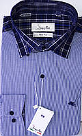Чоловіча сорочка Sig Men vd-0014 синьо-біла в клітку приталені комбінована, з довгим рукавом