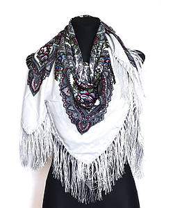 Хустка українська з квітами з тороками святкова Оксана біла