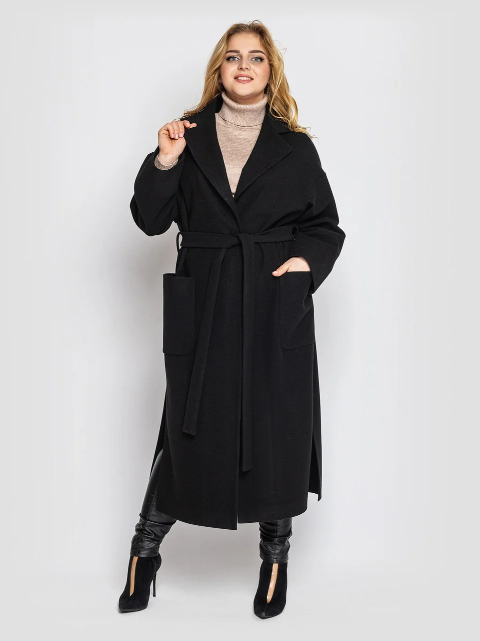 Чарівне жіноче довге пальто чорного кольору з кашеміру, великі розміри від 48 до 58
