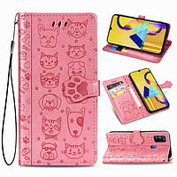 Чохол Embossed Cat and Dog для Samsung Galaxy M21 / M215 книжка шкіра PU Pink