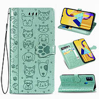 Чохол Embossed Cat and Dog для Samsung Galaxy M21 / M215 книжка шкіра PU Mint