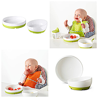 Набор детской пластиковой посуды для кормления малыша IKEA SMÅGLI бело-зелёная тарелка / миска ИКЕА СМОГЛІ