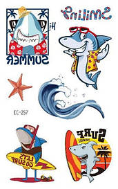 Флеш Тату, 12*8 См. Тимчасова. Перевідна. Дитячі. Набір, Милі, Море, Підводний Світ, Риба, Акули,