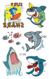 Флеш Тату, 12*8 См. Тимчасова. Перевідна. Дитячі. Набір, Милі, Море, Підводний Світ, Риба, Акули,