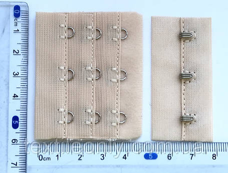Застібка для бюстгальтера на 3 гачки 3 ряди петель колір бежевий 57х45 мм, фото 1