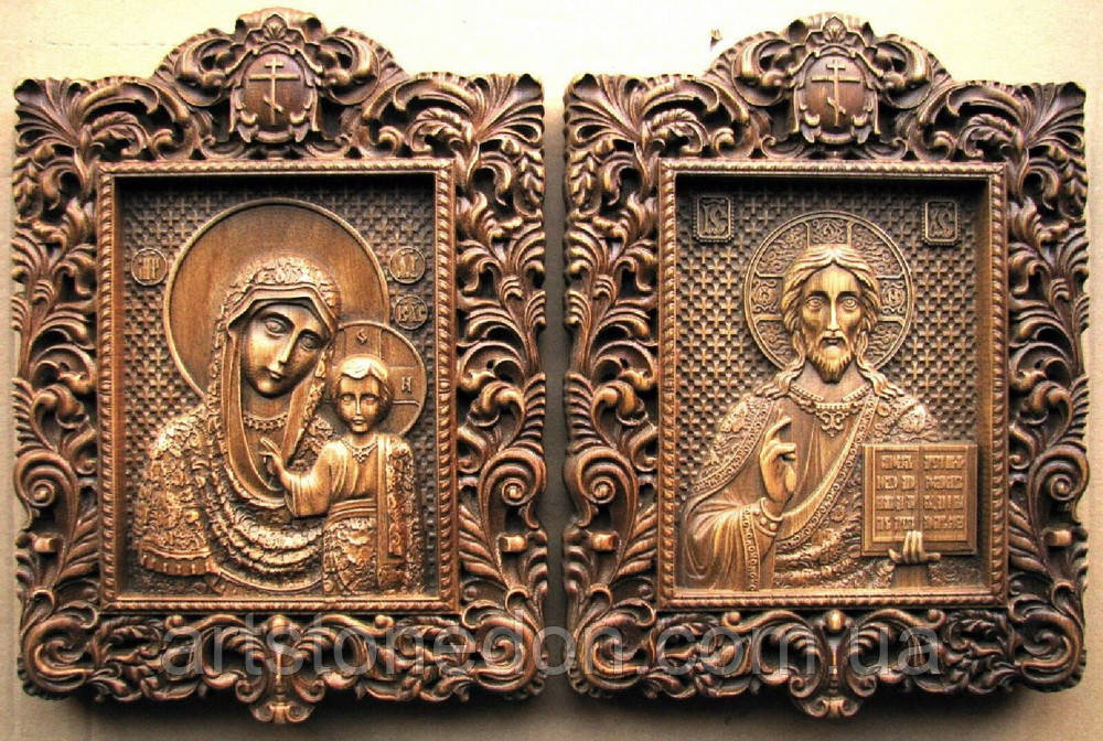 Різьблені ікони Казанської Пресвятої Богородиці та Спасителя. Вінчальна пара