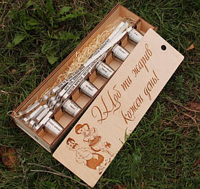 Набір шампури 10шт залізні ручки і чарочки 6шт з гравіюванням в коробці