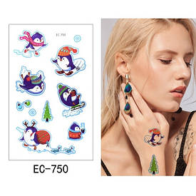 Флеш Тату, 12*8 См. Тимчасова. Перевідна. Дитячі. Набір, Тварини, Милі, Пінгвіни, Ec-750 (S)