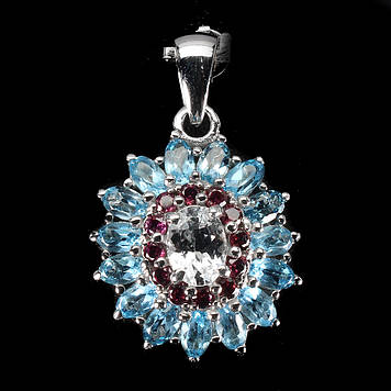 Кулон натуральний природний Аквамарин (Санта-Марія), Топаз, Родоліт. Срібло 925 в білому золоті