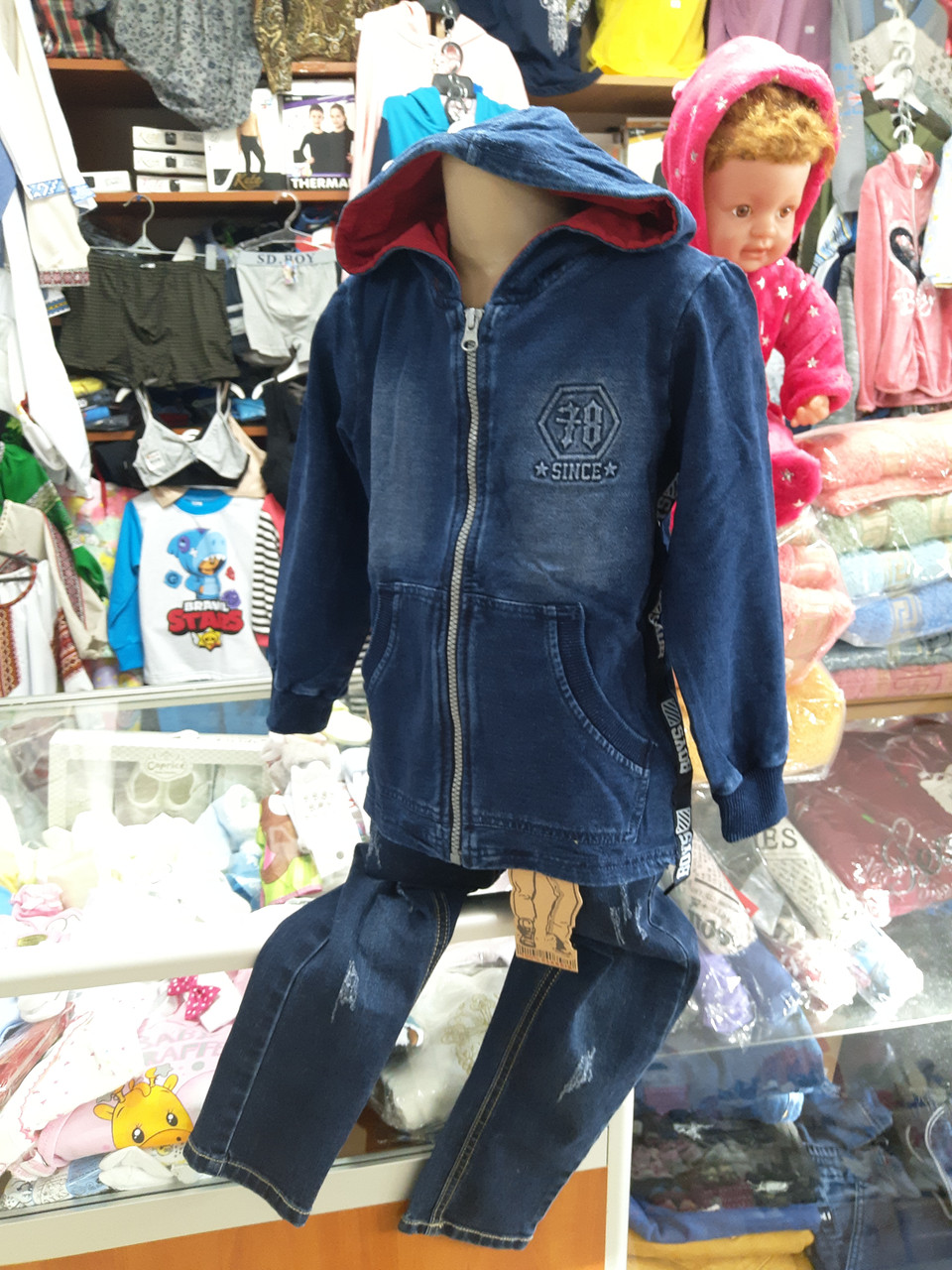 Тепла подовжена джинсова куртка куртка для хлопчика дівчинки фліс блискавка розмір 98 - 128