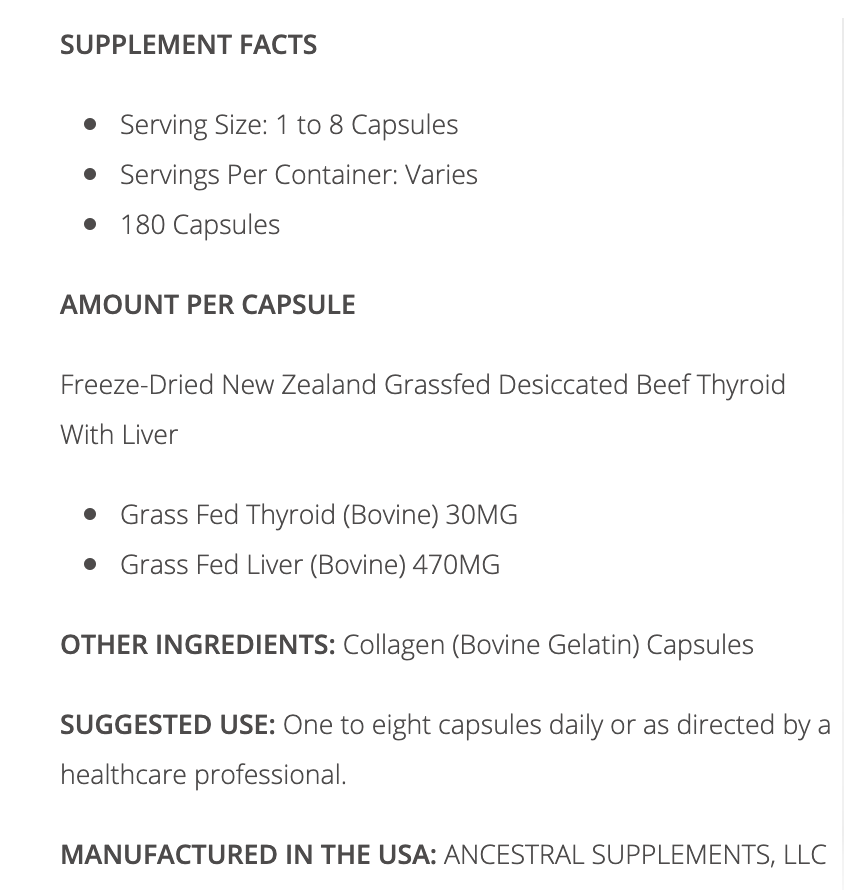 Ancestral Supplements Beef Thyroid / Щитовидна залоза 180 капсул