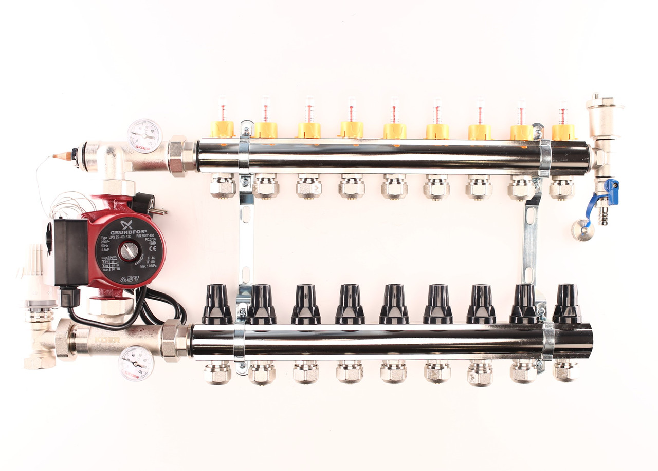Колектор "Forte" з НАСОСОМ на 9 контурів в зборі для теплої підлоги латунний