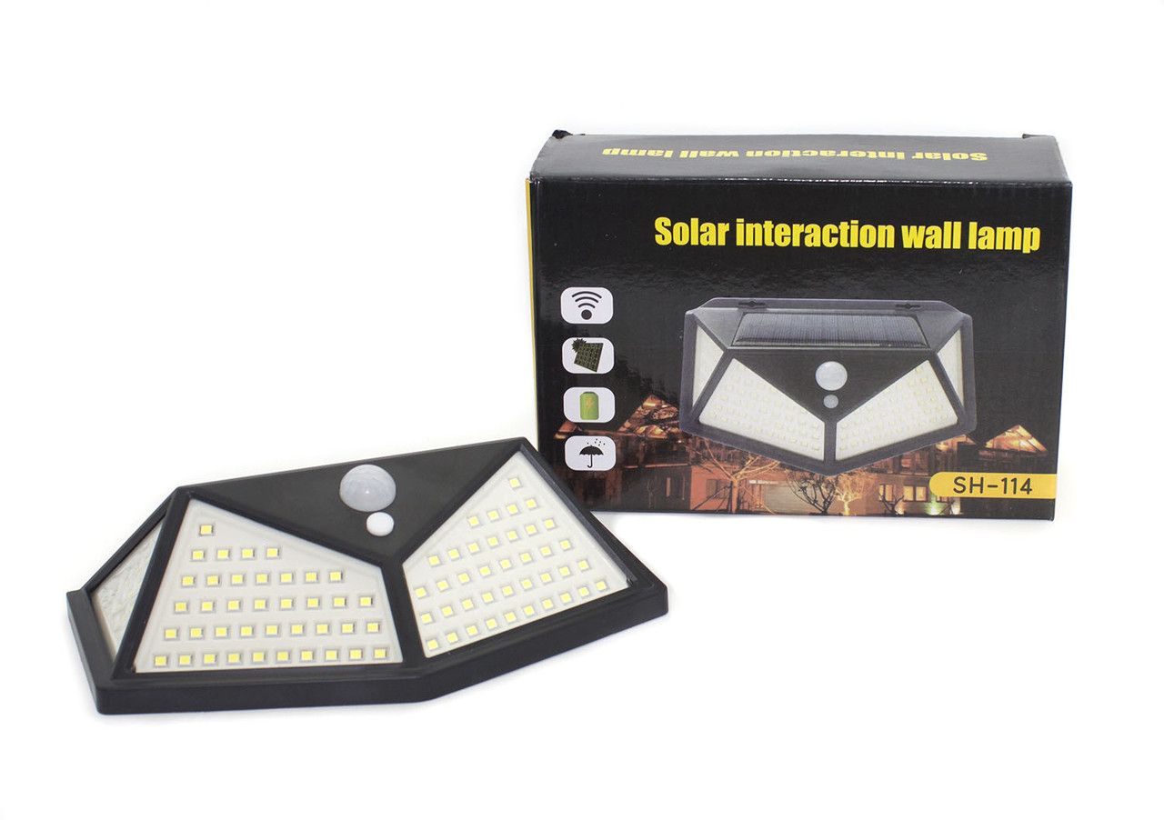 114LED SMD Настінний світильник. Сонячна панель. Датчики. 3 режиму Li-ion 2400mAh