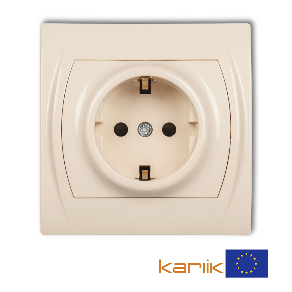 Розетка 1-а із заземленням, шторками Karlik LOGO 1LGP-1sp бежева внутрішня 16А 250В (у зборі з рамкою), фото 1