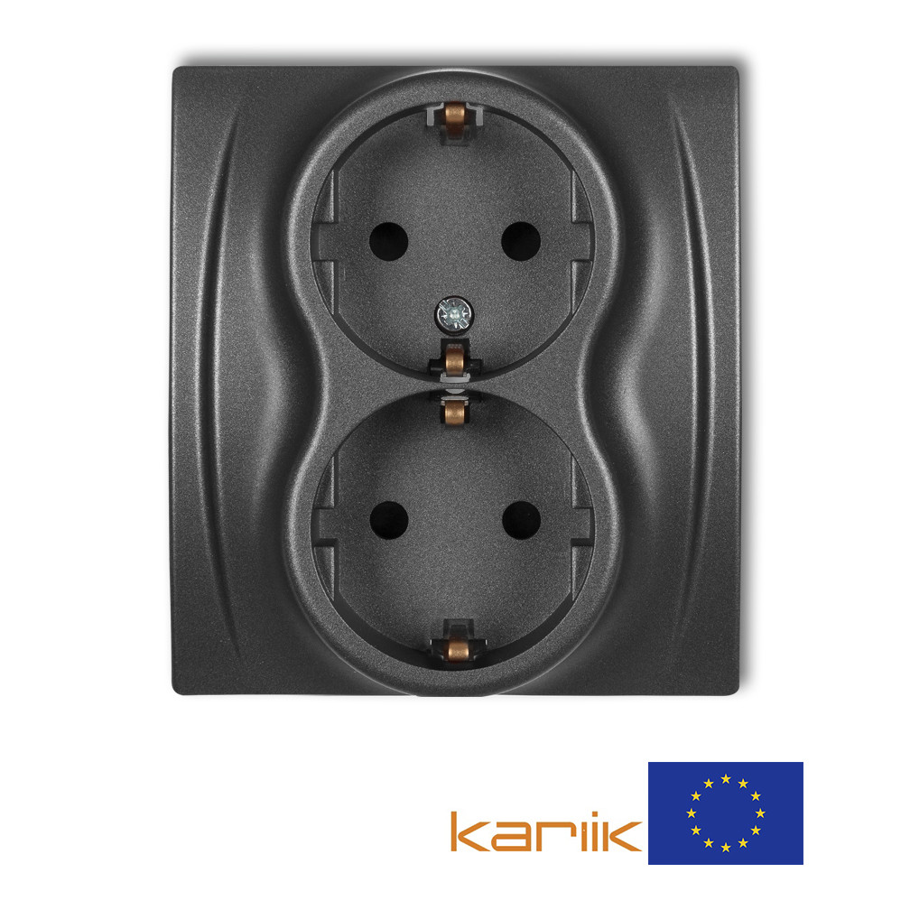 Розетка 2-а із заземленням, шторками Karlik LOGO 11LGP-2sp графітова внутрішня 16А 250В (у зборі з рамкою)