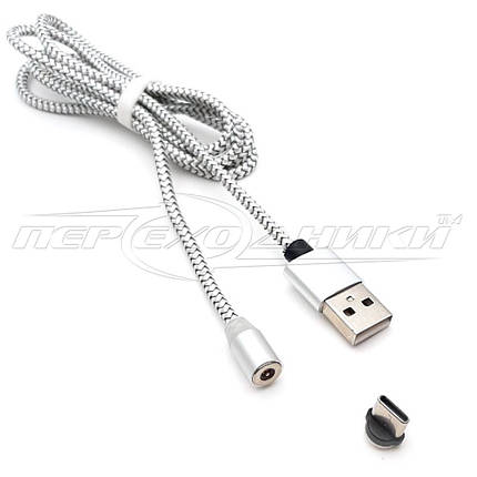 Магнітний кабель Type-C to USB 2.0 (срібло) ганчірний, 1 м, фото 1