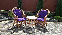 Комплект плетених меблів із лози в наборі з м'якими подушками фіолетового кольору 2 крісла + журнальний столик