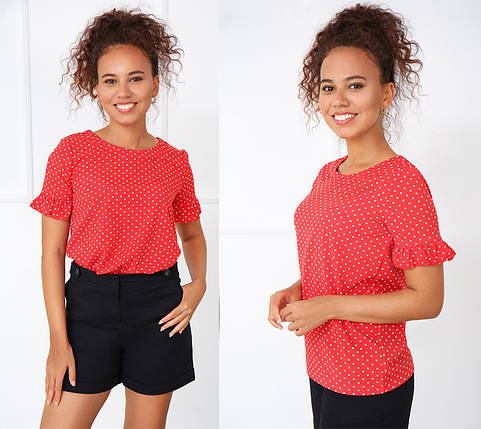 Річна червона блузка з короткими рукавами з маленькими рюшами в горошок, фото 2